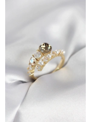® Gold Renk Pirinç Zirkon Taşlı İncili Kadın Yüzük