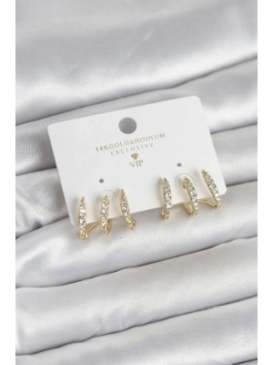 ® Gold Renk Pirinç Zirkon Taşlı Kadın Küpe