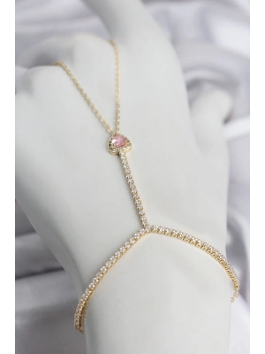 Gold Renk Pirinç Zirkon Taşlı Pembe Kalp Model Şahmeran