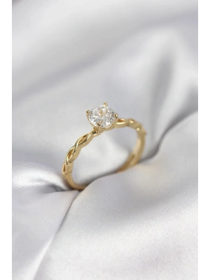 ® Gold Renk Sarmal Zincir Model Tek Taş Model Zirkon Taşlı Kadın Yüzük
