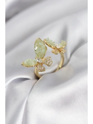 ® Gold Renk Su Yeşili Kelebek Model Zirkon Taşlı Kadın Yüzük