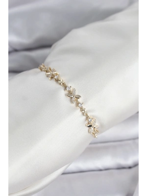 ® Gold Renk Yonca Model Zirkon Taşlı Asansörlü Kadın Bileklik