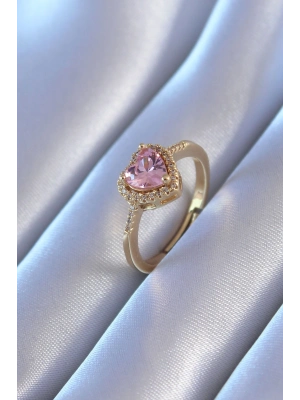 ® Gold Renk Zirkon Taşlı Kalp Model Pirinç Charm Kadın Yüzük