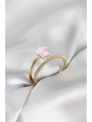 ® Gold Renk Zirkon Taşlı Pembe Halley Model Kadın Yüzük