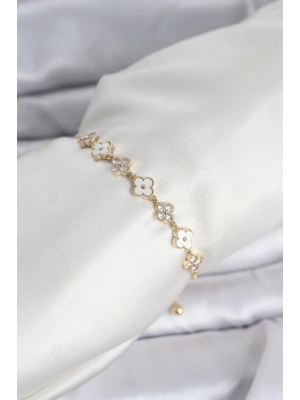 ® Gold Renk Zirkon Taşlı Sıralı Yonca Model Asansörlü Kadın Bileklik