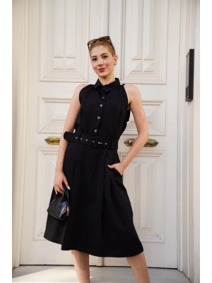 Gömlek yaka kemerli elbise siyah s255061