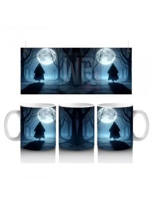 Gotik Koridorda Dolunayla Aydınlanan Cadı Silüeti Temalı Cadılar Bayramı Baskılı Kupa Bardak