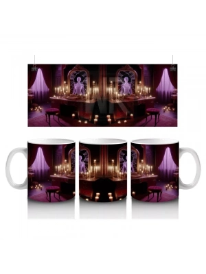 Gotik Şamdanlı Saray Salonunda Cadı Ayini Temalı Cadılar Bayramı Baskılı Kupa Bardak