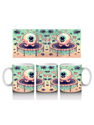 Göz Küresi Figürlü Renkli Şekerlemelerle Süslenmiş Cadılar Bayramı Baskılı Kupa