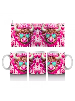 Gözlüklü ve Kalpli Fonlu Neşeli Buzağı Deseni – Baskılı Kahve Kupası