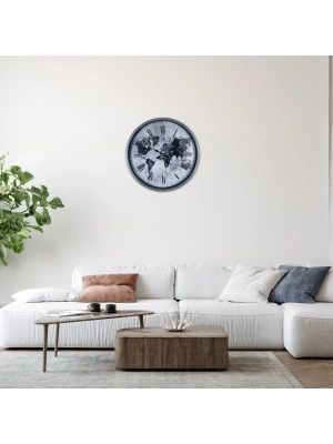 Gri 36 Cm Dünya Haritalı Duvar Saati