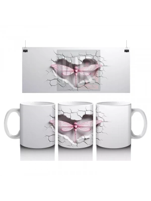 Gri Çatlak Zemin Üzerinde Zarif Pembe Kanatlı Yusufçuk - Baskılı kahve kupası