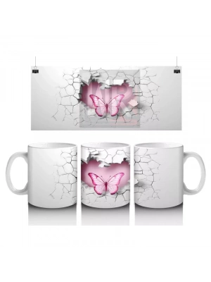 Gri Duvarda Çift Kanatlı Pembe Kelebek – Baskılı Kahve Kupası