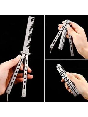 ®  Gri Katlanabilir Paslanmaz Çelik Kelebek Bıçak Tarak Sakal Bıyık Fırçası Profesyonel Saç Kesimi İçin Tarak