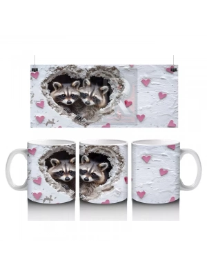 Gri Kürklü Rakun ve Kalpler – Baskılı Kahve Kupası