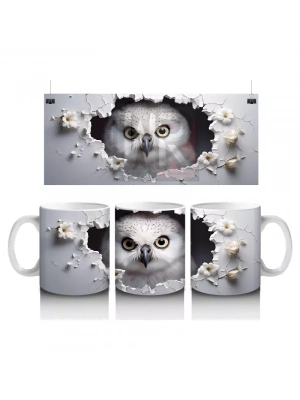 Gri Tüylerle Kaplı Bilge Baykuş Deseni – Baskılı Kahve Kupası