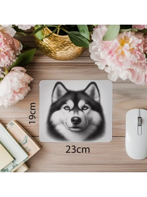 Gri Zeminli Sibirya Kurdu El Çizimi Mousepad - 19x23 cm 2 mm Dikdörtgen İthal Baskılı Mouse Pad