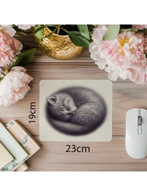 Gri Zeminli Yatmış Kedi Mouse Pad - 19x23 cm 2 mm Dikdörtgen İthal Baskılı Mouse Pad