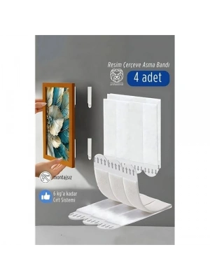 ® Güçlü Resim Çerçeve Asma Bandı 4lü Set - 6Kg Taşıma Kapasiteli Duvar Delmeyen Cırt Sistemi