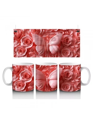 Gül Buketi Arasında Pembe Kelebek – Baskılı Kahve Kupası