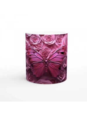 Güller Arasında Pembe Kelebek Temalı Baskılı Kupa Bardak
