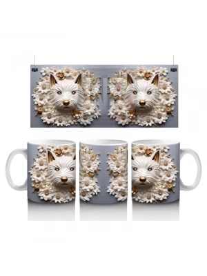 Güllerle Süslenmiş Simetrik Kedi Yüzleri – Baskılı Kahve Kupası