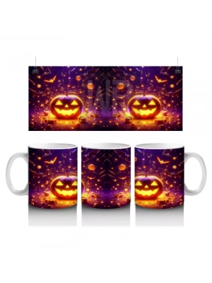 Gülümseyen Alevli Balkabakları Desenli Parlak Cadılar Bayramı Baskılı Kupa