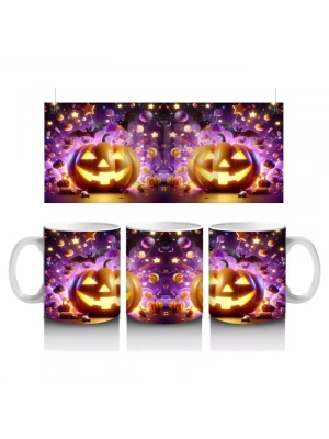 Gülümseyen Balkabakları ve Işıltılı Arka Planla Cadılar Bayramı Baskılı Kupa Bardak