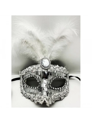 Gümüş Payetli Pullu Tüylü Parti Maskesi