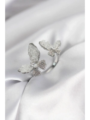® Gümüş Renk Beyaz Kelebek Model Zirkon Taşlı Kadın Yüzük