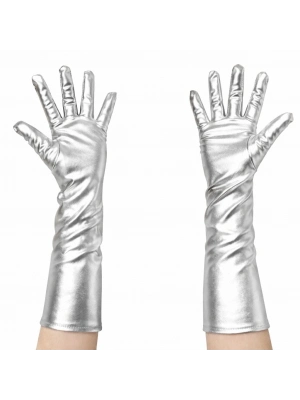 Gümüş Renk Dirsek Altı Lüks Saten Eldiven 40 cm