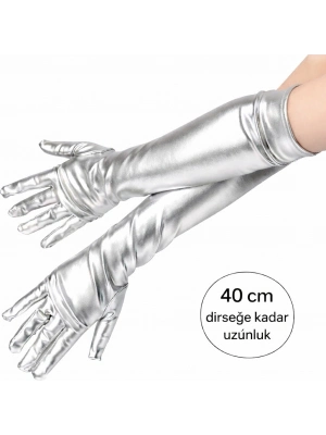 Gümüş Renk Dirsek Altı Lüks Saten Eldiven 40 Cm