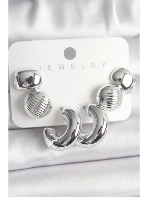 Gümüş Renk İşlemeli Daire Halka Model CCB Platik Kadın Küpe Seti