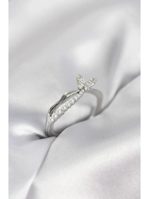 ® Gümüş Renk Kuyruklu Kelebek Model İncili Kadın Yüzük