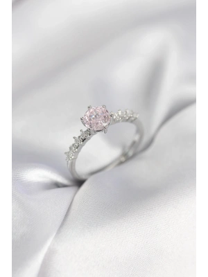 ® Gümüş Renk Pembe Tek Taş Model Zirkon Taşlı Kadın Yüzük