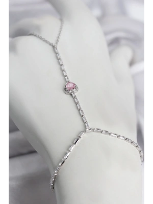 Gümüş Renk Pirinç Zirkon Taşlı Pembe Kalp Model Şahmeran