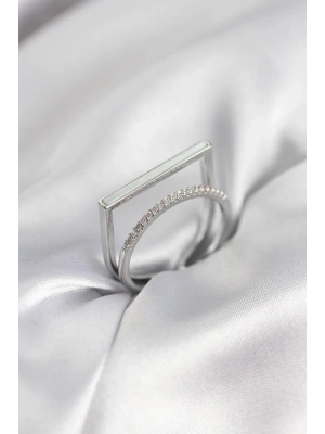 ® Gümüş Renk Sedefli Zirkon Taşlı 2li Kadın Yüzük