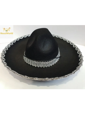 ® Gümüş Renk Şeritli Meksika Mariachi Latin Şapkası 55 cm Çocuk