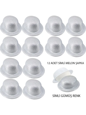 Gümüş Renk Simli Melon Yuvarlak Parti Şapkası 12 Adet