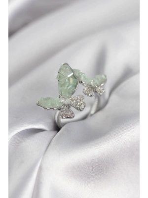 ® Gümüş Renk Su Yeşili Kelebek Model Zirkon Taşlı Kadın Yüzük