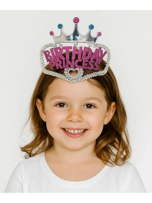 Gümüş Renk Taç Üzeri Pembe Birthday Prenses Yazılı Çocuk Parti Tacı 11x12 Cm