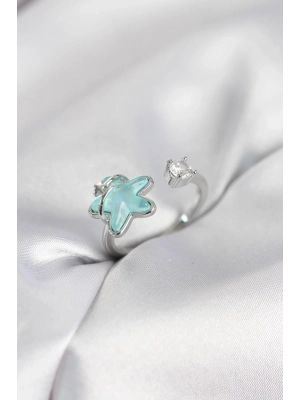 ® Gümüş Renk Turkuaz Yıldız Model Kadın Yüzük