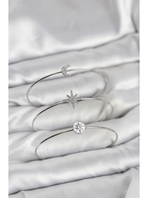 ® Gümüş Renk Zirkon Taşlı Kutup Yıldızı Model 3lü Kadın Bileklik Kombini