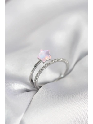 ® Gümüş Renk Zirkon Taşlı Pembe Halley Model Kadın Yüzük
