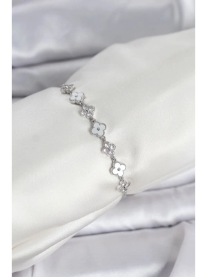 ® Gümüş Renk Zirkon Taşlı Sıralı Yonca Model Asansörlü Kadın Bileklik