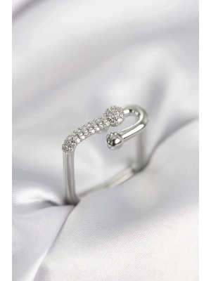 ® Gümüş Renk Zirkon Taşlı Tifani Model Kare Kadın Yüzük