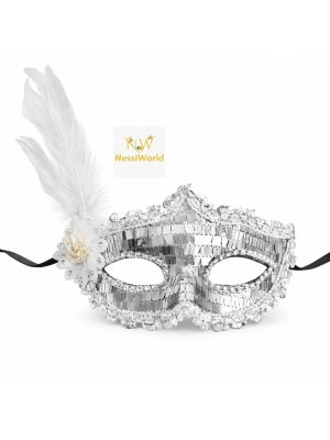Gümüş Tüylü Payetli Lüks Taşlı Parti Maskesi