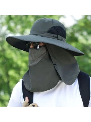 ®  Güneş Koruyuculu Nefes Alabilen Maskeli ve Boyun Kapaklı Geniş Kenarlı Balıkçı Şapkası