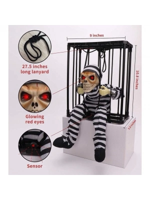 Hareketli Sesli Sensörlü Mahkum Görünümlü Kuru Kafa İskelet Dekorasyon 22x27 Cm