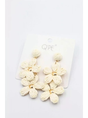 Hasır Çiçek Küpe - Krem